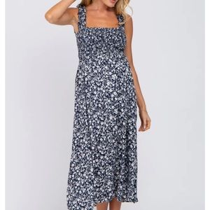 Pinkblush Maternity Navy Blue Floral Smocked Maternity Midi Dress.